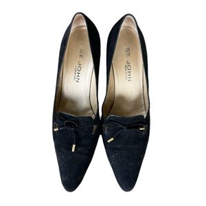 ST JOHN Black suede Made In Italy Bow Tie Gold Accents Women’s Heels Size 11